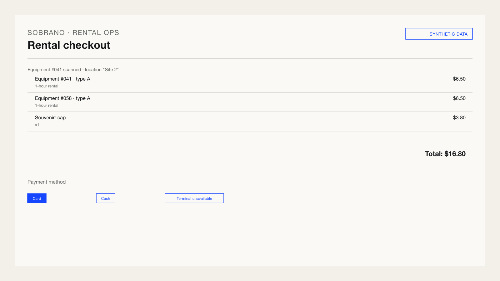 Order creation screen with synthetic data