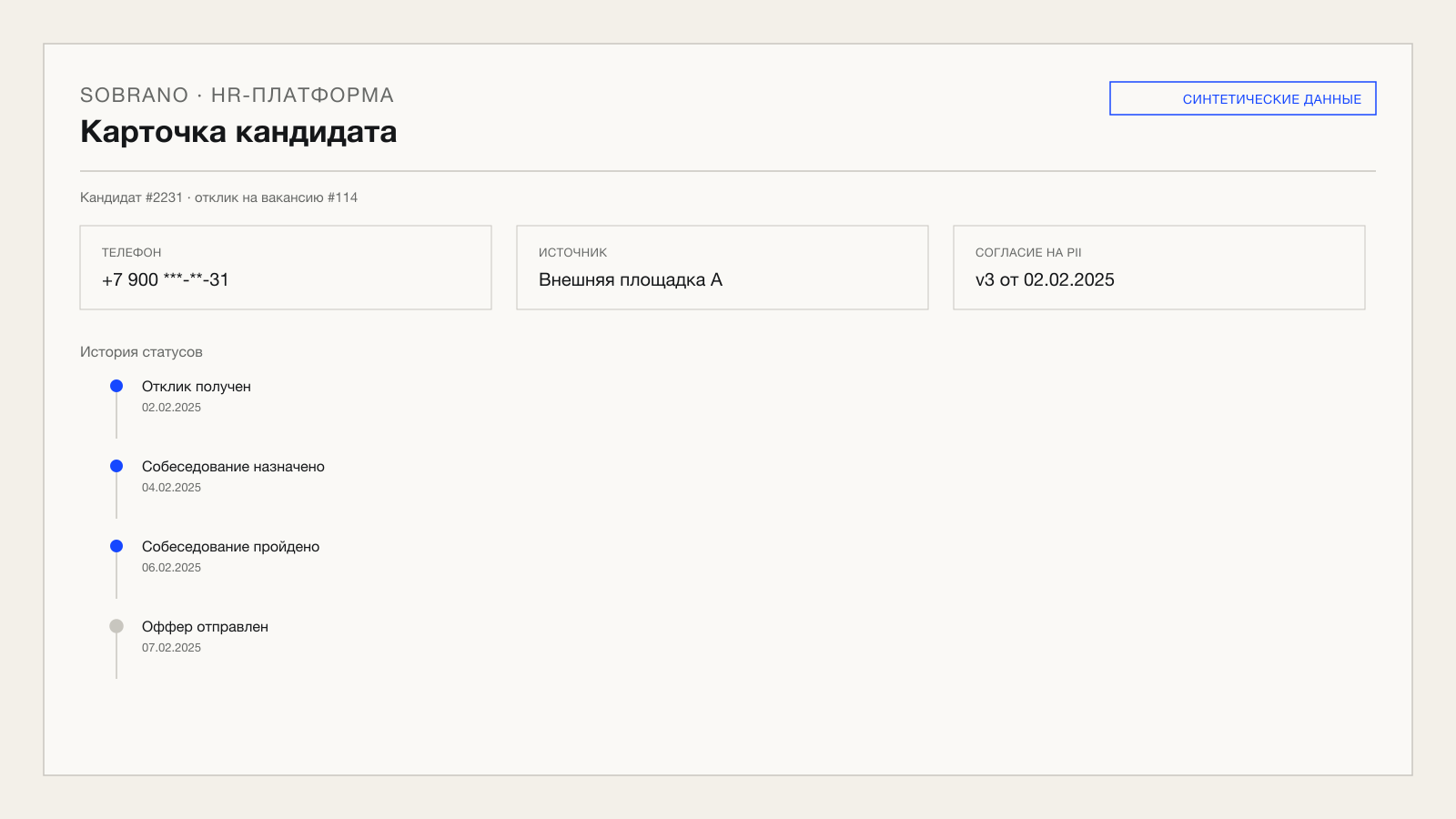 Карточка кандидата с выдуманными контактными данными