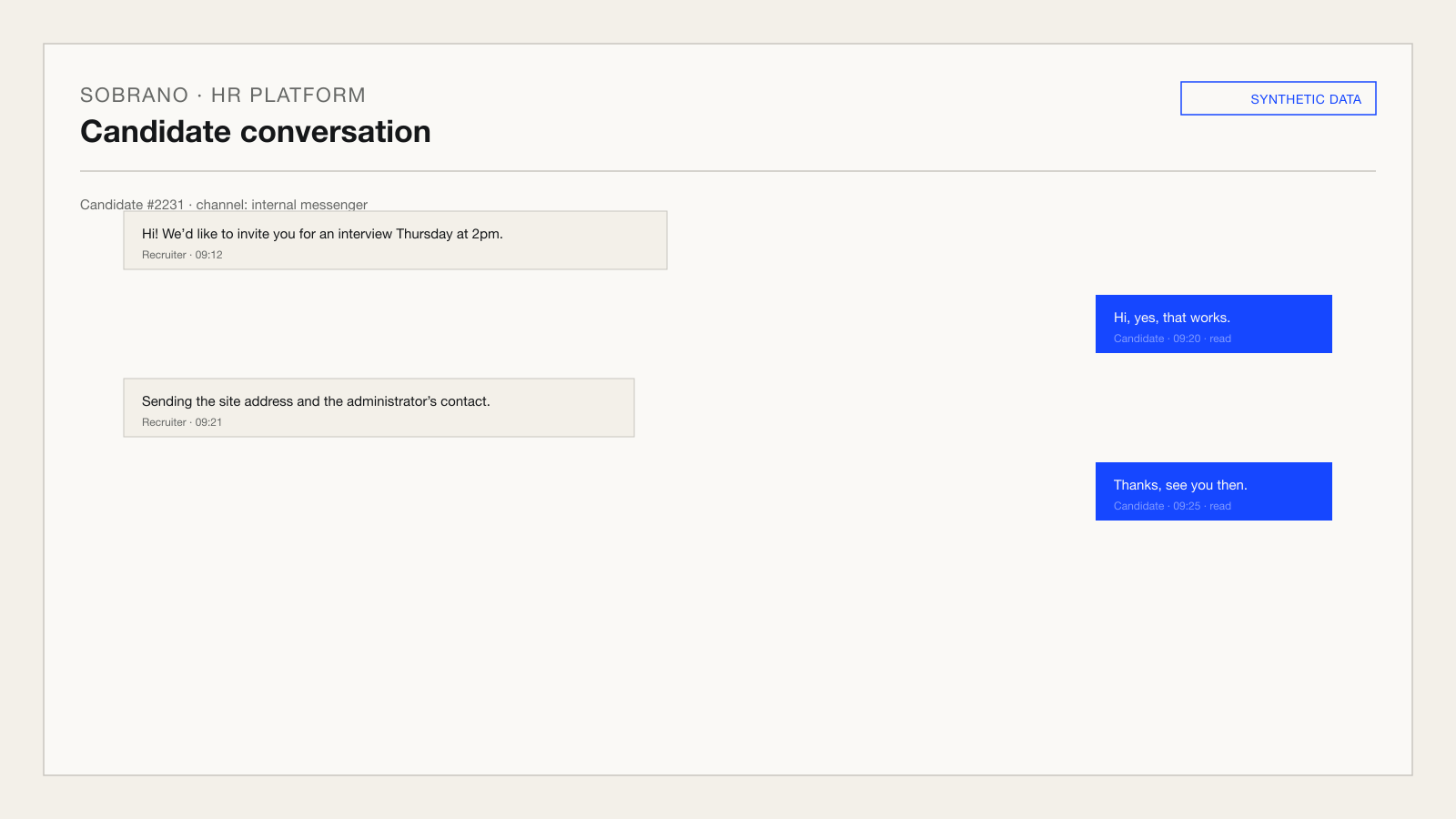 Messenger screen with synthetic conversation