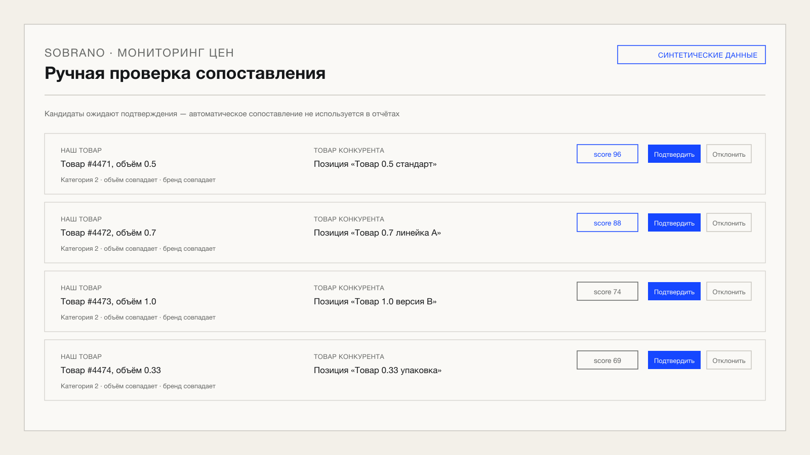 Экран ручной проверки сопоставления товаров на синтетических данных